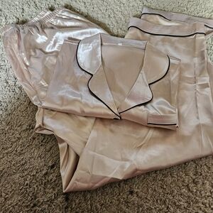 Silky Light Blush Pink Pajama Set with Black Piping